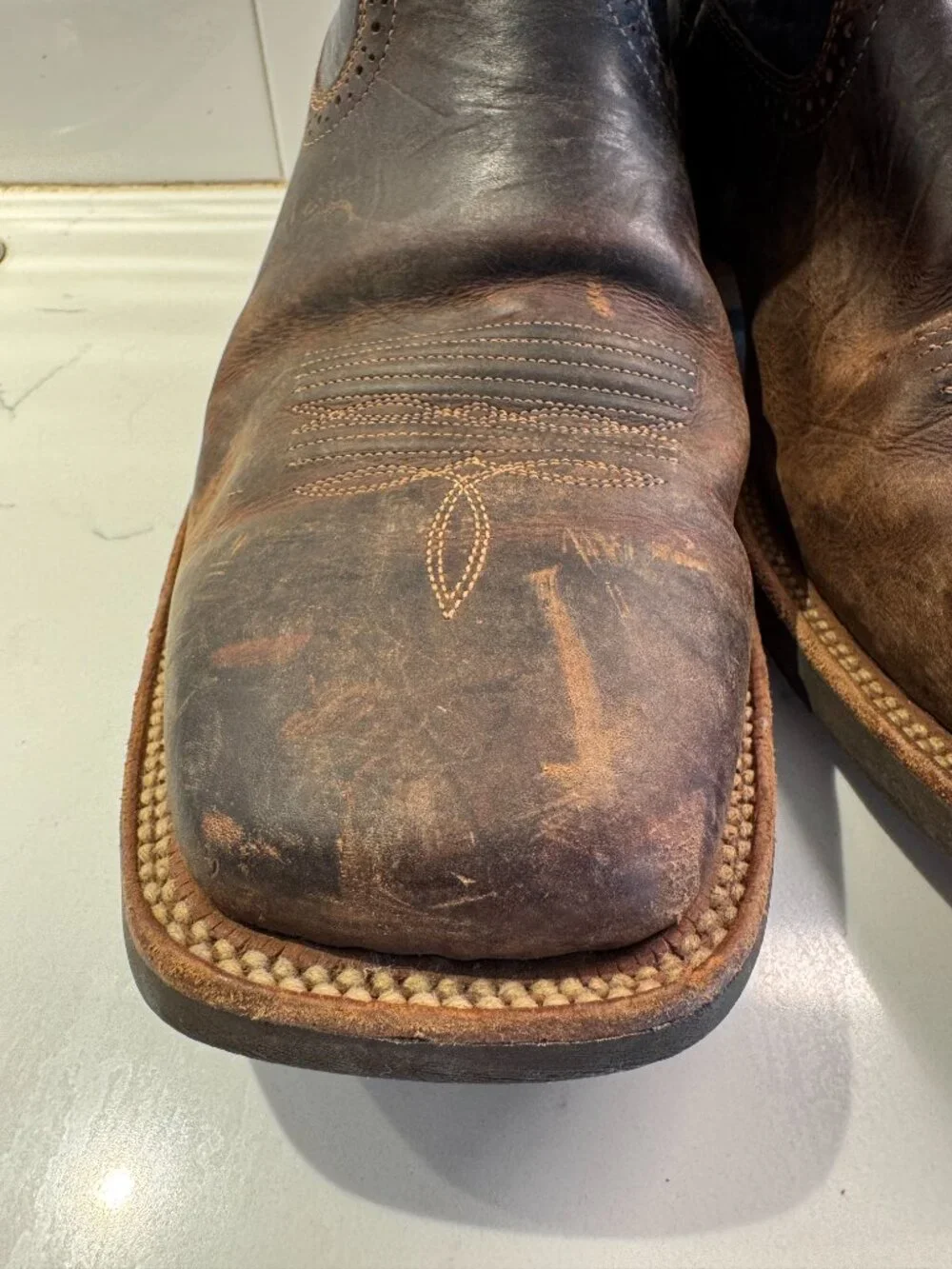 Ariat Tycoon Western Boots Mens 12EE Extra Wide Square Toe Brown Dark Blue Leath